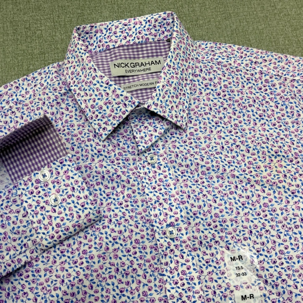 Nick Graham Everywhere Mens M 15.5 Floral Dress Shirt Stretch Modern Fit NWT